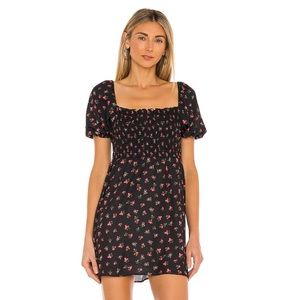 Revolve RESA Blake Mini Dress - Napa - Black Dress w Red Floral - Smocked - XS